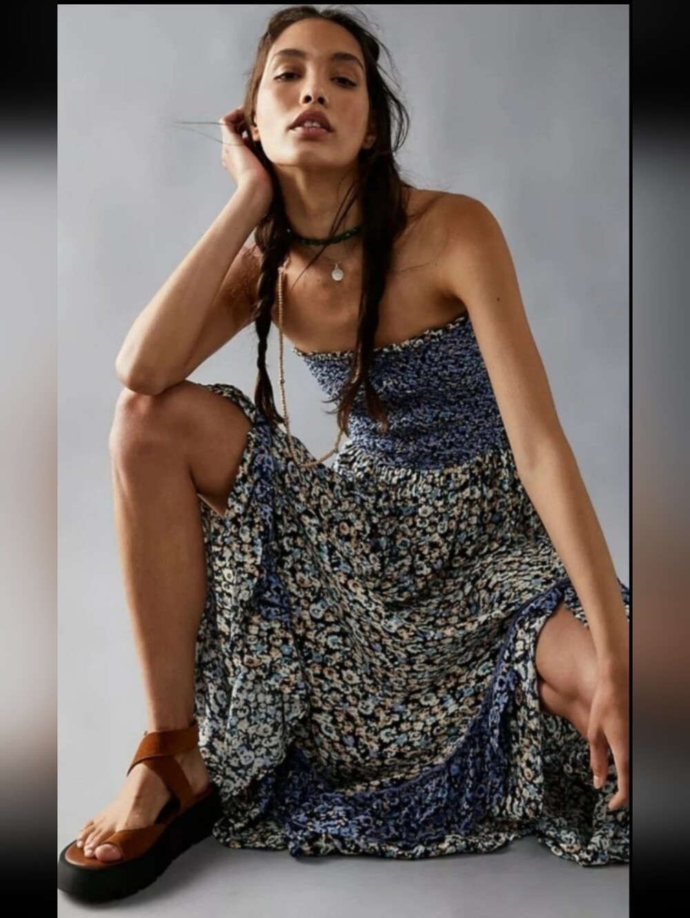 Free People Dress LARGE One I Love in Denim Combo Floral Midi Sundress Boho - Picture 3 of 9